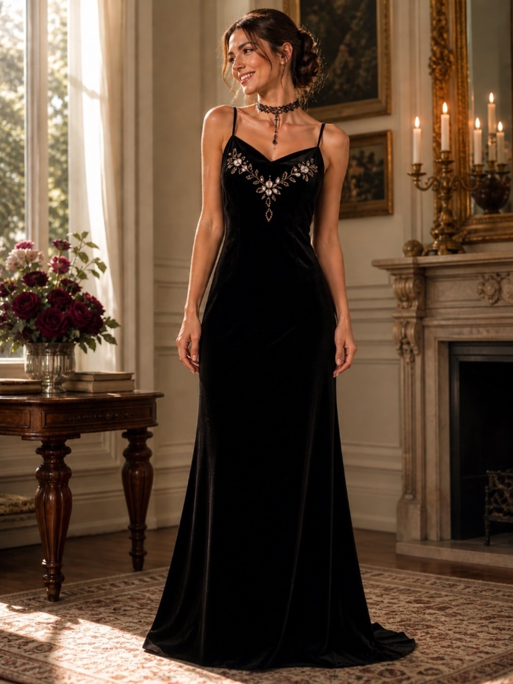 Dave & Johnny Black Velvet Beaded Prom Dress Sheer Back Y2K Formal Gown 15/16